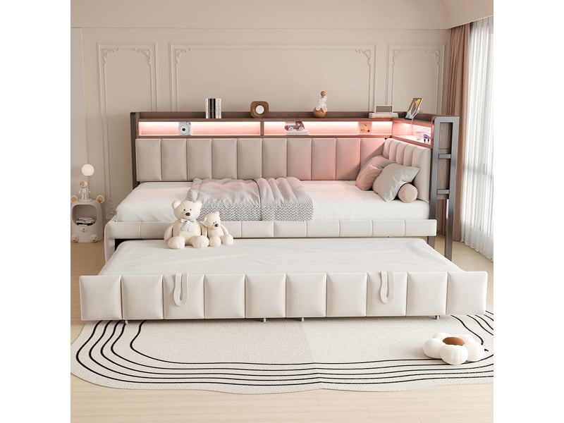 Canapé-lit 90 x 200 cm – avec lit gigogne – avec éclairage led – avec ports usb et type-c – beige (matelas non inclus) - Conforama B