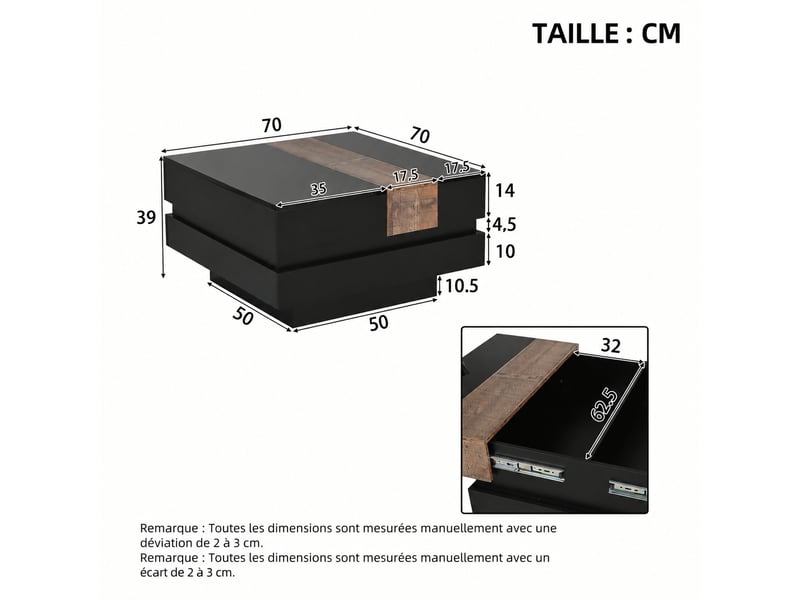 Table basse carrée noire 70 x 70 x 39 cm, plateau coulissant, rangement caché, bois et noir - Conforama E