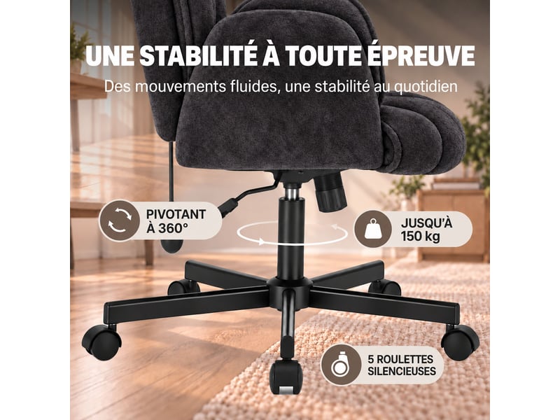  Fauteuil ergonomique tissu accoudoirs rabattables, coussin lombaire gonflable, assise large, pivot 360° 150kg-noir  - Conforama E
