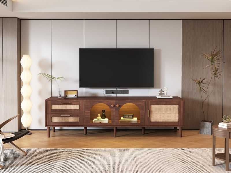 Meuble tv 180 cm pour écran 80 pouces avec led - 2 tiroirs rotin et portes verre  - Conforama D