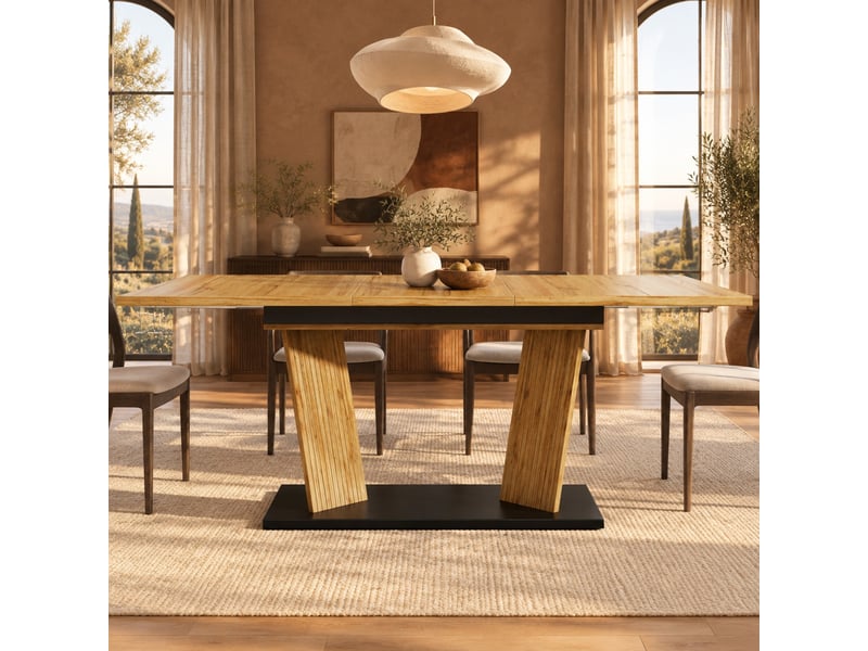  Table à manger extensible - lpospi - pied double, patins réglables antidérapants, mdf chêne 120-160 × 80 × 76 cm  - Conforama C