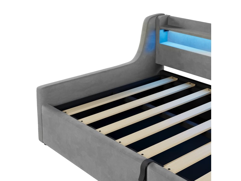  Lit pour jeune, 90x200 cm, coffre avec ouverture hydraulique, tete de lit led, allure moderne, flanelle, coloris gris  - Conforama E