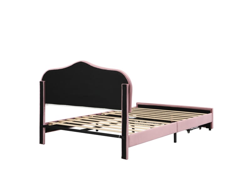  Lit enfant 2 personnes 140x200 cm rose en velours, led avec application et 2 tiroirs, tête blanche, sans matelas  - Conforama D