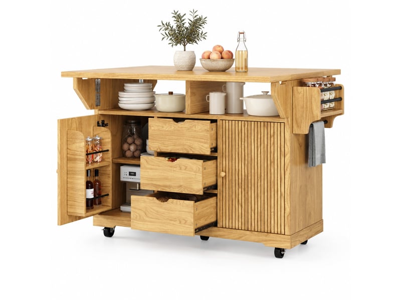  Desserte de cuisine extensible à roulettes 142,5 x 80 x 95 cm marron naturel  - Conforama A