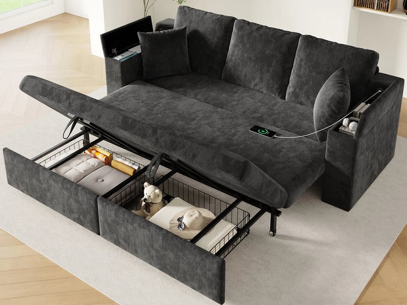  Canapé droit convertible ,3 places,avec rangement, tablette d'accoudoir et port de charge usb,210x192x93 cm,gris  - Conforama B