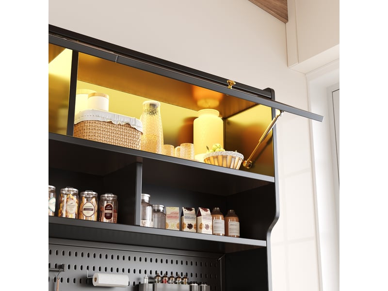  Buffet haut noir 1 porte relevable meuble de rangement étroit avec éclairage led 145x39x171 cm  - Conforama W