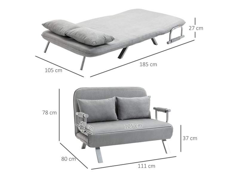  Canapé convertible 2 places avec dossier réglable 5 positions et coussins  - métal polyester gris clair  - Conforama D