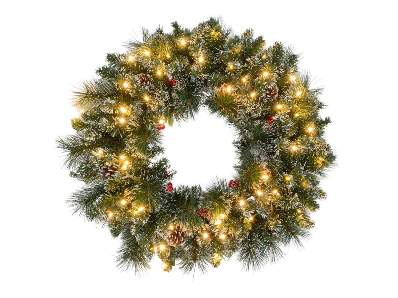  Couronne de noël porte artificielle 60 cm avec pommes de pin et grappes de baies, lumières led et minuterie vert  - Conforama B