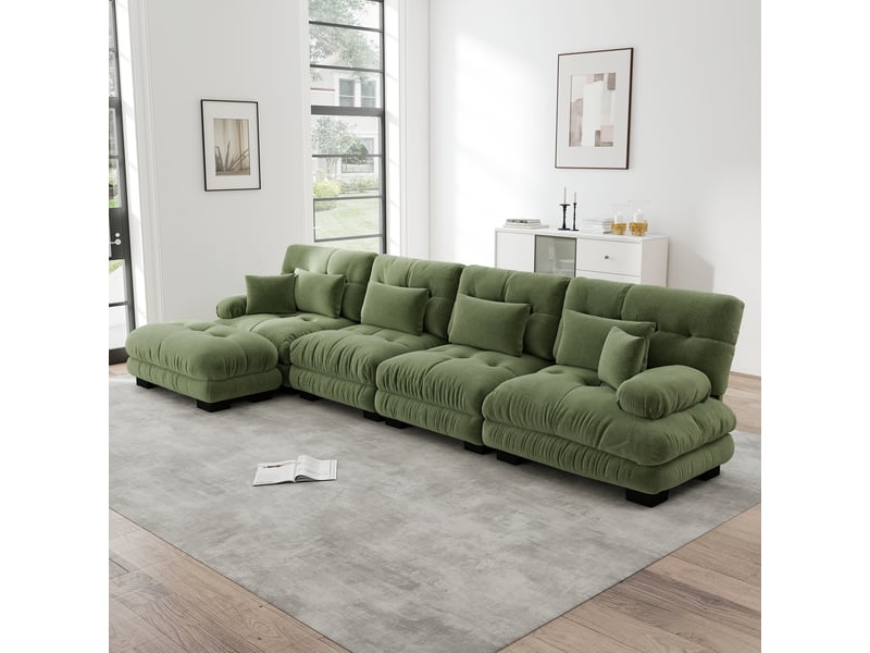  Canapé modulable en l 4 places avec ottoman mobile, coussins et assise profonde, en chenille, vert  - Conforama D