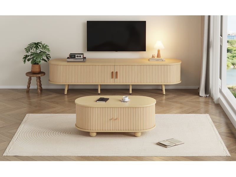  Ensemble meuble tv et table basse en mdf effet noyer clair, rangements intégrés, plateaux ovales et pieds en bois massif  - Conforama D