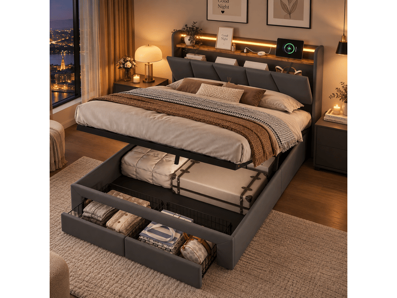  Lit coffre 140x190 avec sommier led, lit double rembourré avec rangement hydraulique et 2 tiroirs, lits 2 personnes pour adultes et ado, gris foncé  - Conforama B
