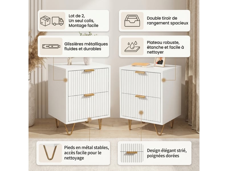  Lot de 2 tables de chevet 40x40x55cm avec 2 tiroirs, bois et pieds en métal, design ondulé moderne, blanc  - Conforama C