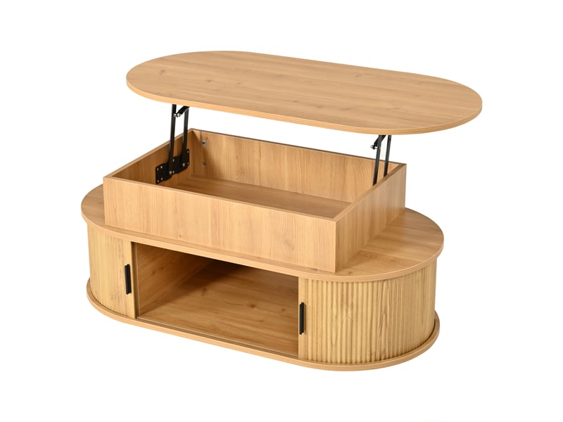 Table basse relevable ovale avec grand espace de rangement et portes coulissantes, 100x50x40 cm, bois clair - Conforama A
