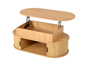 Table basse relevable ovale avec grand espace de rangement et portes coulissantes, 100x50x40 cm, bois clair