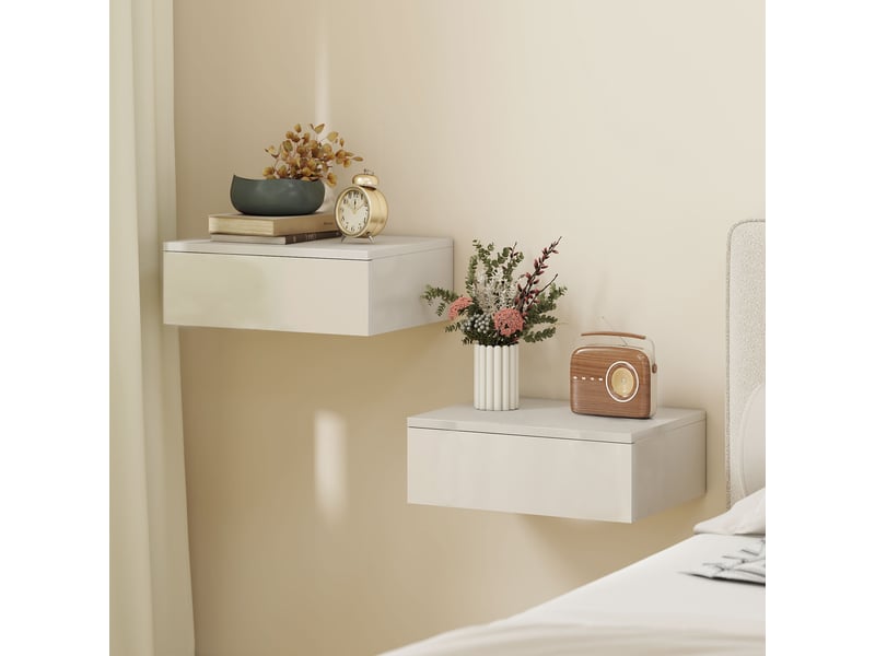  Ensemble de 2 tables de chevet murales avec tiroir, en aggloméré blanc, pour chambre à coucher  - Conforama C