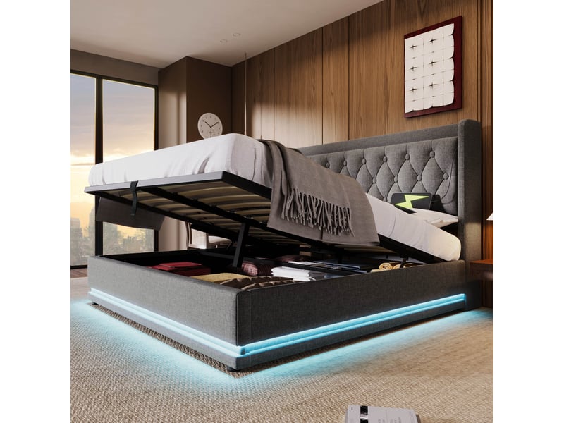  Lit coffre hydraulique 180 x 200 cm gris en coton, led 3 côtés, usb type-c  - Conforama D