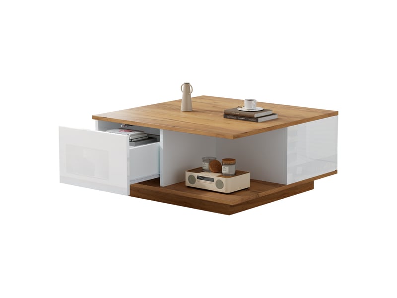  Table basse carrée avec 3 tiroirs et rangement pour salon en panneaux de particules 70×70×31,5 cm blanc noyer  - Conforama A