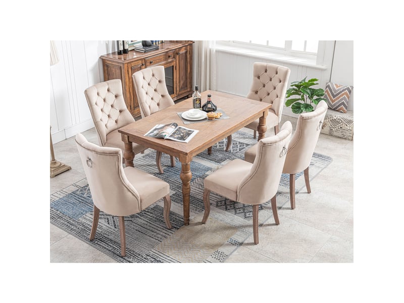  Lot de 6 chaises salle à manger 97x51x47 cm, structure bois, velours beige, dossier haut, assise rembourrée et agréable  - Conforama B