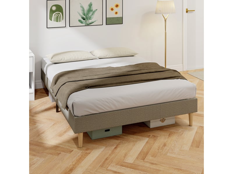  Cadre de lit 140 x 190 cm avec sommier à lattes en bois, lit double rembourré en velours côtelé, gris  - Conforama A