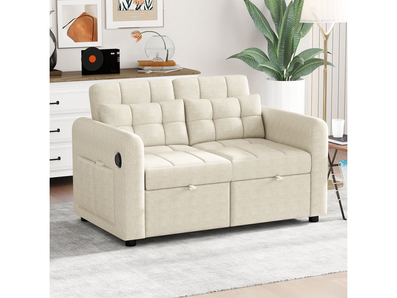  Canapé-lit 2 places convertible - canapé pliable avec poches latérales et dossier réglable - revêtement toile de coton - beige  - Conforama D