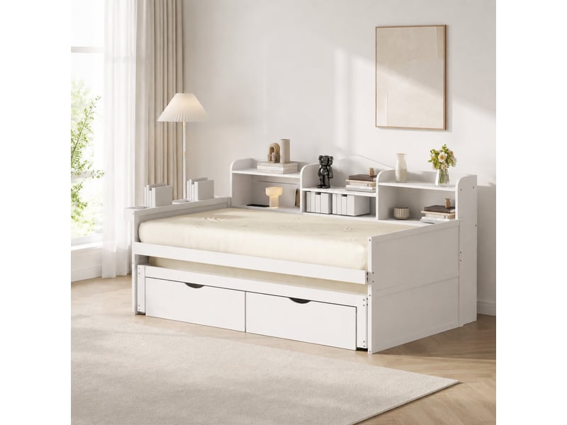  Lit gigogne 90 x 200 cm blanc avec rangement, lit tiroir 90 x 190 cm et prise usb  - Conforama D