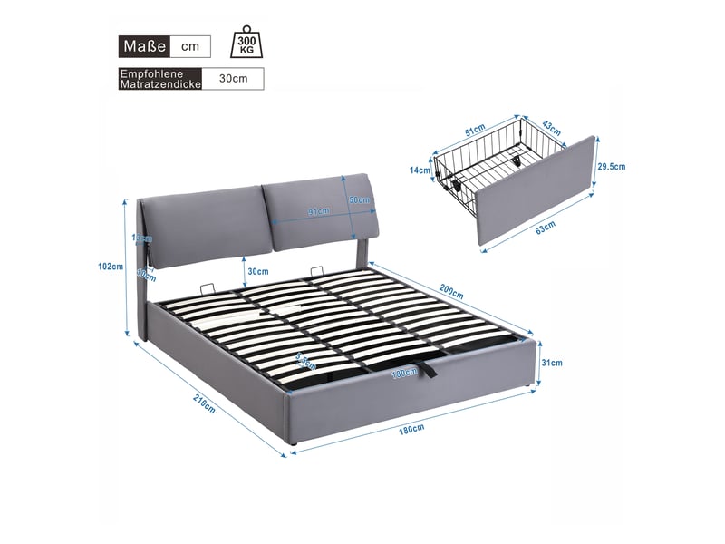  Lit coffre 180x200 cm gris, velours, sommier relevable hydraulique, 3 tiroirs, tête de lit réglable, sommier à lattes inclus  - Conforama C