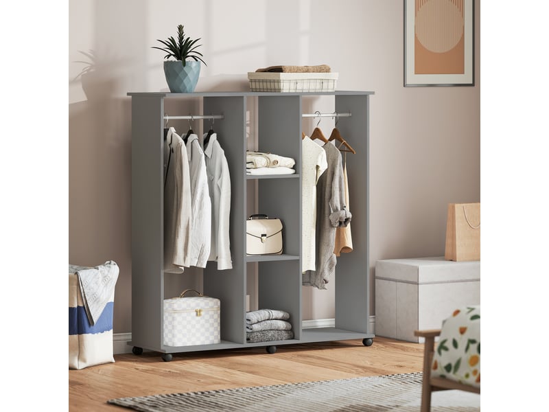  Armoire penderie meuble de rangement mobile 6 roulettes 120 x 40 x 128 cm en bois gris  - Conforama B