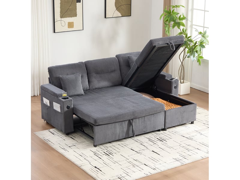  Canapé 3 places 212,5x136x86cm avec rangement, porte-verres et ports usb-c, confort et doux, velours côtelé gris carbone  - Conforama B