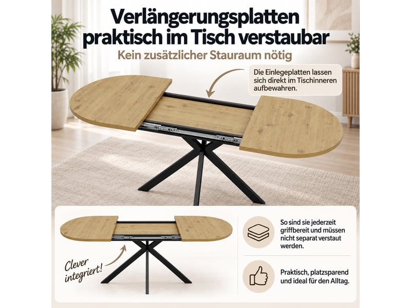 Table extensible ovale 120 à 160 sur 80 sur 75 cm coloris bois mdf pieds métal salle à manger - Conforama C