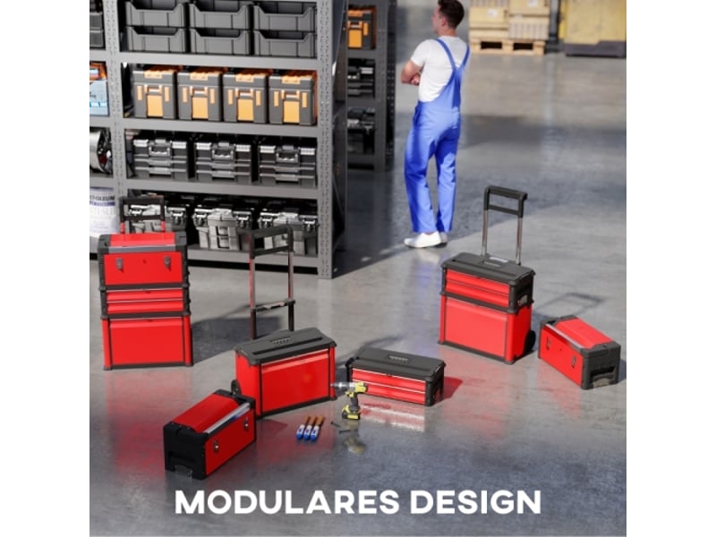  Chariot d'atelier rouge en acier avec coffre à outils, 3 modules modulables, rangement roulant avec poignée pour atelier et garage  - Conforama E