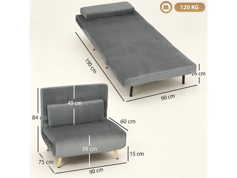  Fauteuil convertible 1 place en velours côtelé gris foncé 90x190 cm  - Conforama C