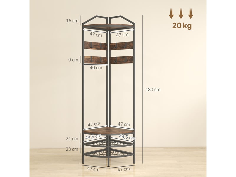 Meuble d'entrée d'angle, vestiaire à 4 niveaux, rangement pour chaussures, 8 patères mobiles, 2 étagères, brun rustique - Conforama E