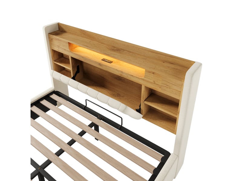  Lit 140x190 cm avec coffre relevable, led, ports usbusb-c, bois et métal, beige sans matelas  - Conforama E