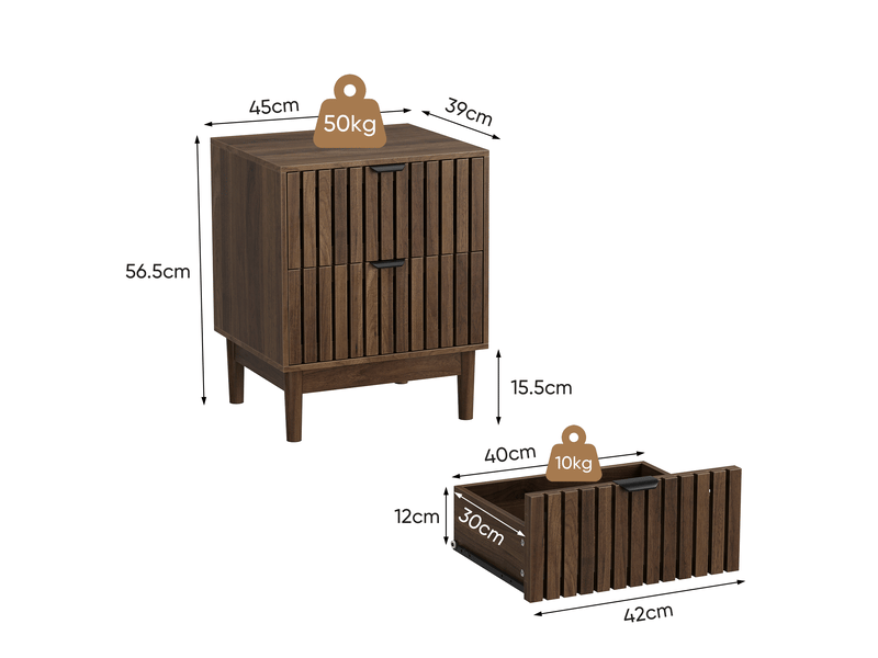  Table de chevet 2 tiroirs 45x39x56,5 cm mdf finition noyer  - Conforama C