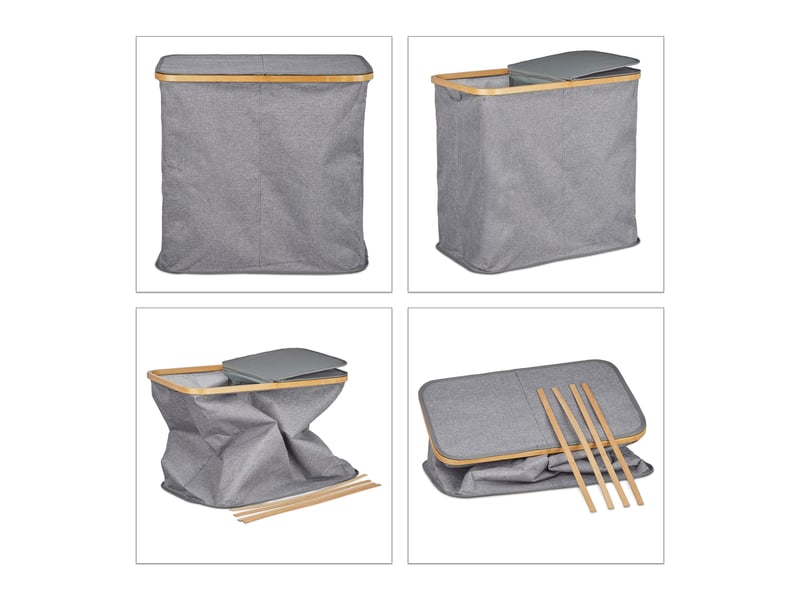  Panier à linge double compartiments pliable 74 litres pratique avec couvercle design moderne en tissu gris 13_0007571  - Conforama C