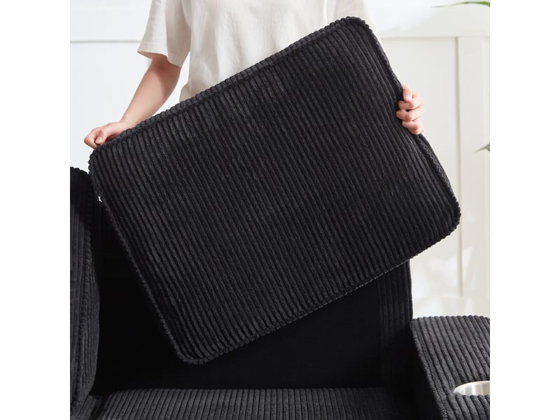  Canapé droit 3 places noir tissu côtelé avec rangement intégré et porte-gobelets design salon moderne  - Conforama R