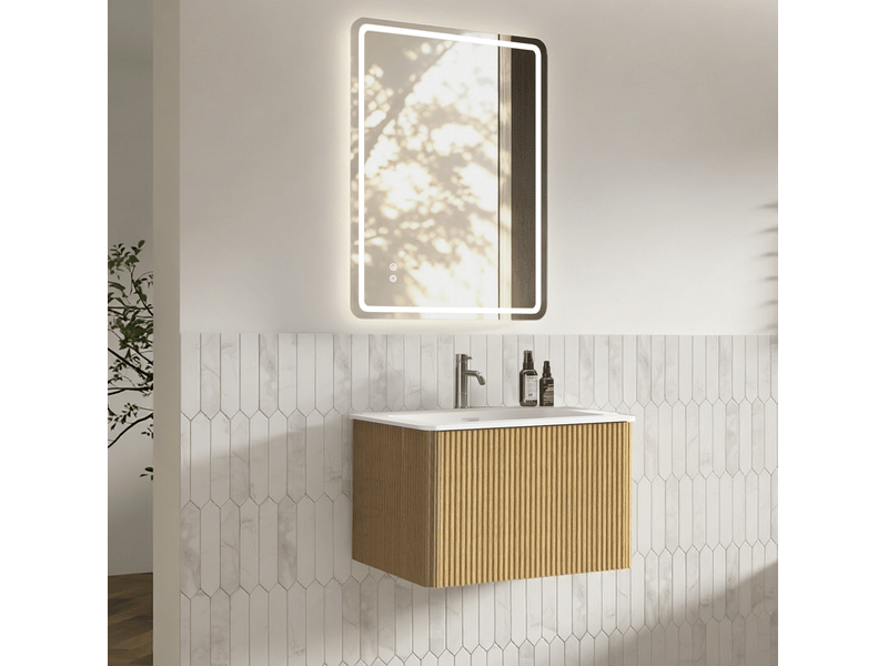  Meuble vasque suspendu 61 cm avec miroir led 60 x 80 cm, coloris chêne, 1 tiroir  - Conforama B
