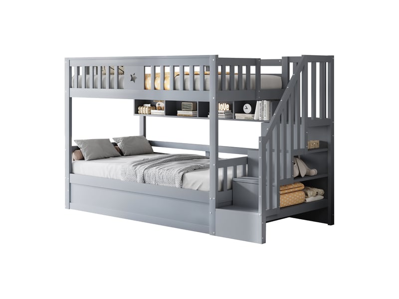  Lit superposé avec rangement 90x200 gris, lit coffre hydraulique et escalier sécurisé, structure en bois massif pour enfant et ado  - Conforama E