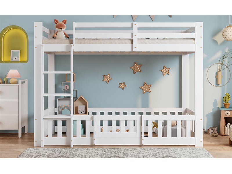  Lit mezzanine avec portillon - 90x200cm - espace libre sous le lit et échelle à 3 marches - avec sommier à lattes - blanc  - Conforama B