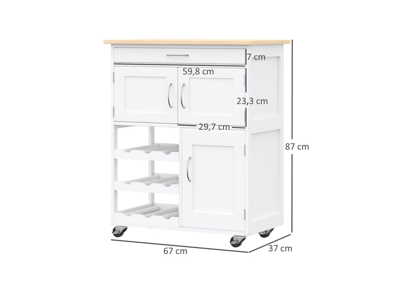  Desserte de cuisine multi rangements 2 placards tiroir casier 9 bouteilles mdf blanc plateau bois caoutchouc  - Conforama E