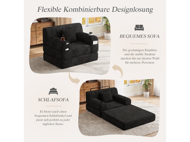  Canapé convertible 1 place 107 x 80 x 81 cm – noir – dossier haut, 4 poches et 2 porte-gobelets  - Conforama E
