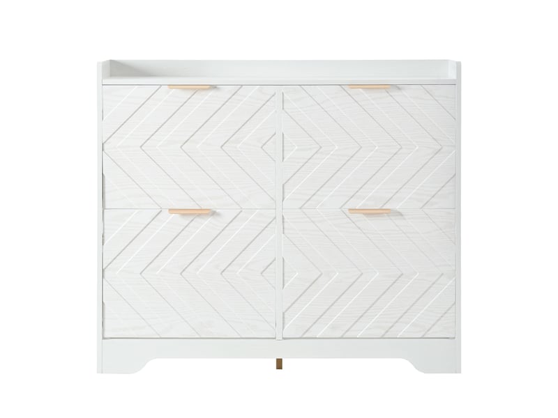 Meuble à chaussures, range-chaussures gain de place pour entrée et couloir, 4 abattants avec façade texturée 3d et poignées dorées en mdf, blanc  - Conforama A