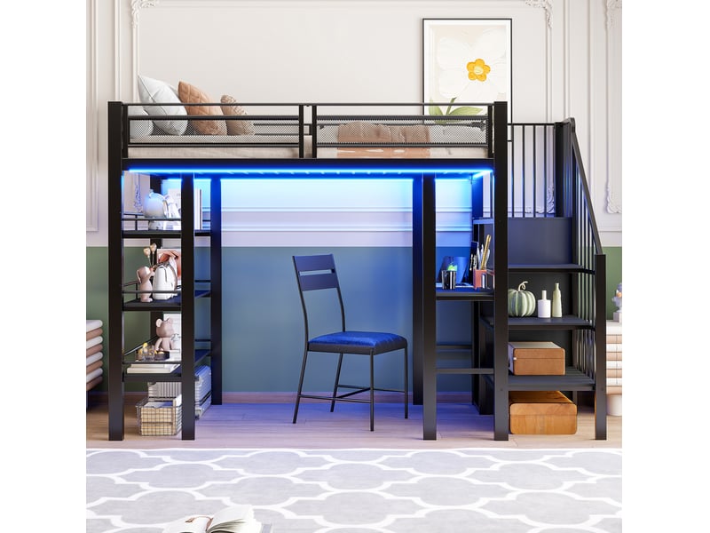 Lit mezzanine 90x200 cm avec bureau, rangements et éclairage led, noir - Conforama E