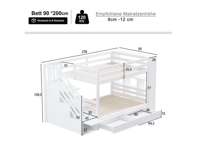 Lit superposé enfant 90 x 200 cm avec escalier de sécurité et rangements blanc  - Conforama E