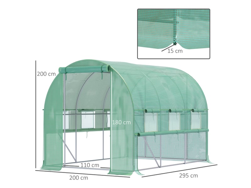  Serre en aluminium, 6 fenêtres enroulables, porte zippée, structure en acier inoxydable, 2,95 x 2 x 2 m, verte  - Conforama E