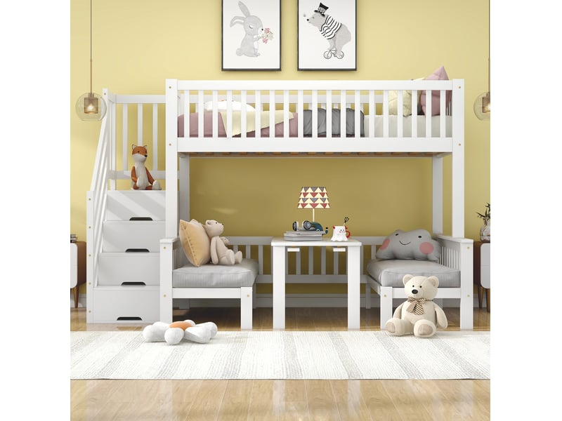  Lit superposé enfant blanc avec bureau rabattable, escalier coffre, 90x200 et 120x200 cm  - Conforama D