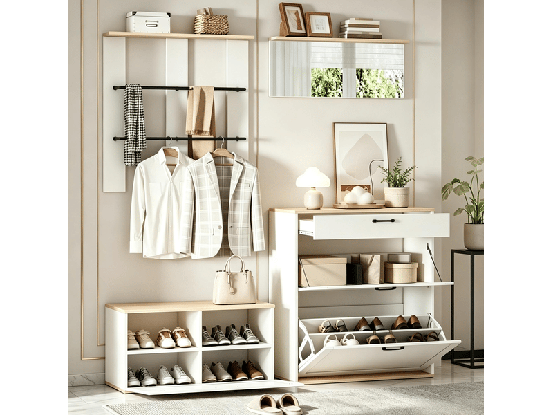  Meubles d'entrée modulables avec meuble à chaussures, banc, miroir, tiroir et 2 tringles en métal 156 × 36 × 176 cm  - Conforama D