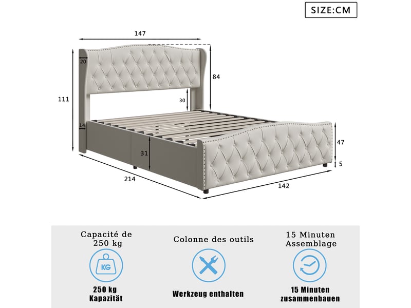  Lit coffre 140x200cm - lit double 140x200 avec tête de lit capitonnée vague, rivets, coffre &amp; velours - beige  - Conforama E