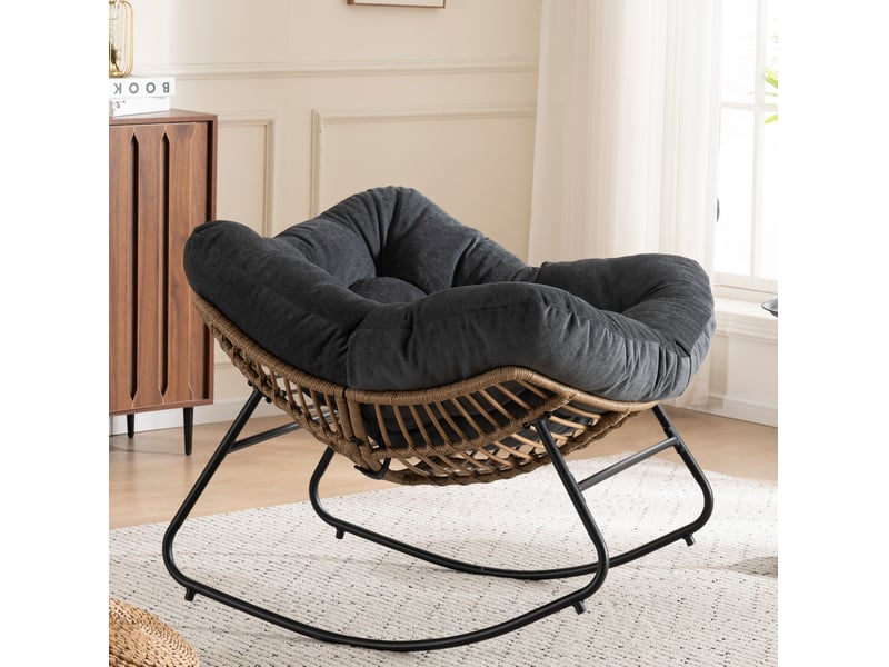 Fauteuil à bascule œuf avec structure métallique, charge maximale 158 kg, pour intérieur et extérieur, en chenille noir - Conforama C