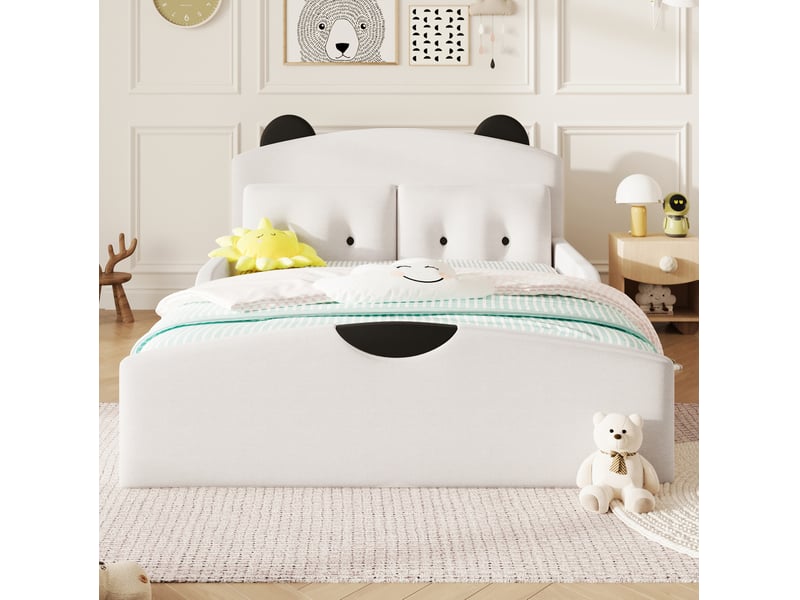  Lit 2 places modenvie 140 x 200 cm en lin blanc, tête de lit en forme d'ours, avec 2 coussins décoratifs  - Conforama D